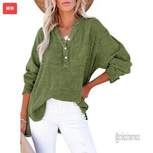 Oversized Button-Down Blouse Long Sleeve V-Neck Loose Fit